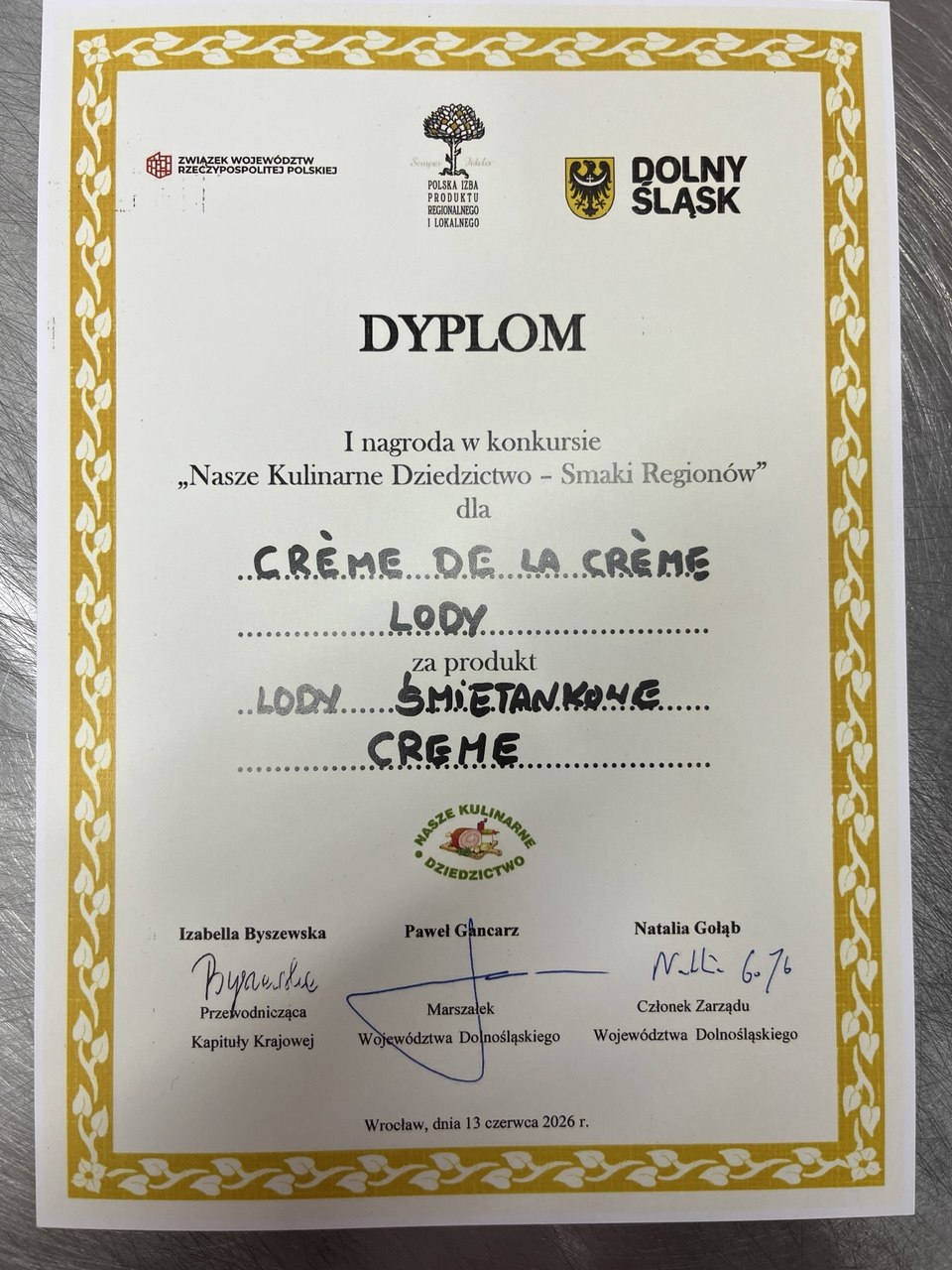 Dyplom pierwszej nagrody Nasze Kulinarne Dziedzictwo